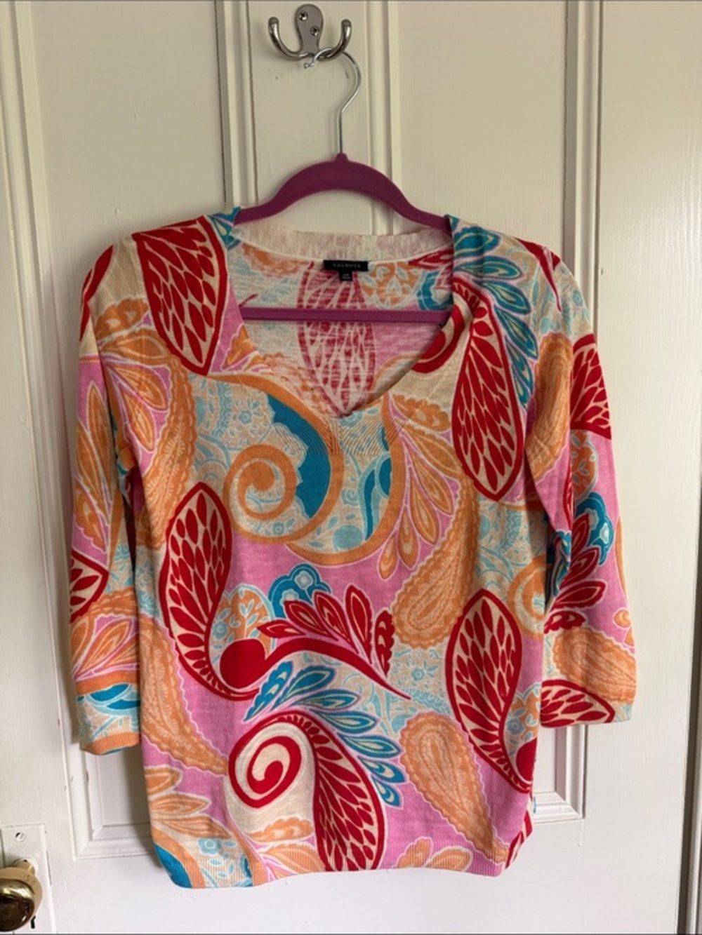 Talbots Paisley V-Neck Long Sleeve Tee in Pink, Red, Orange